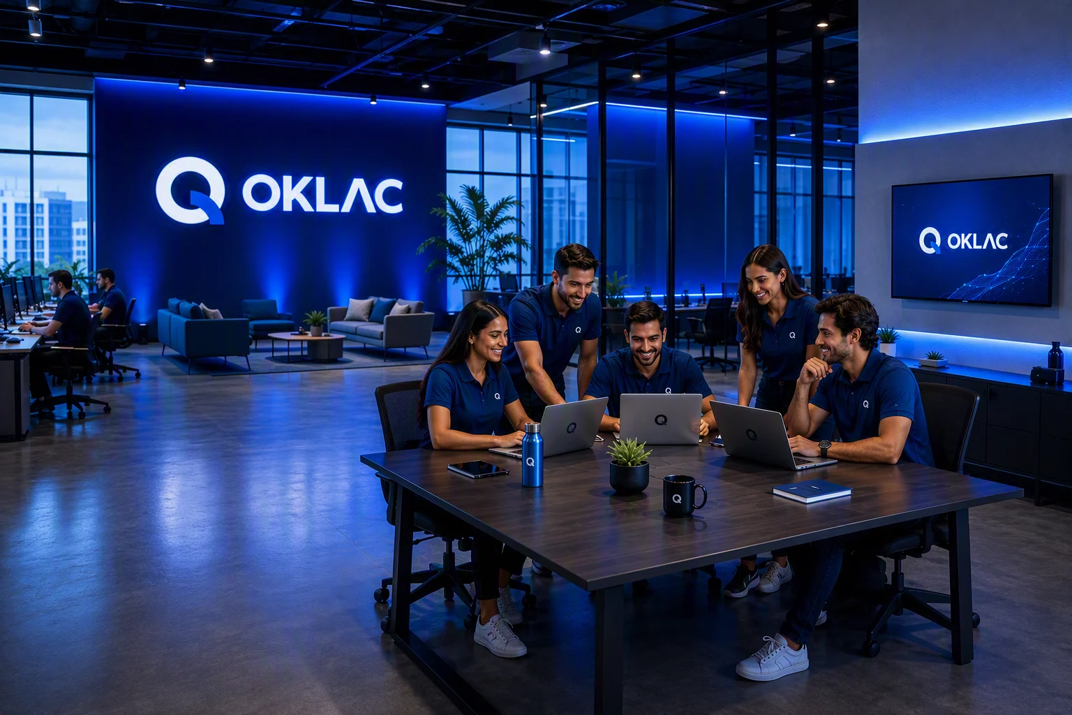 Equipe em colaboração em um ambiente com a identidade OKLAC